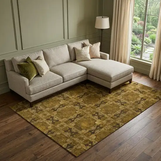 Chocolate And Gold Floral Medallion Washable Area Rug With UV Protection Photo 1