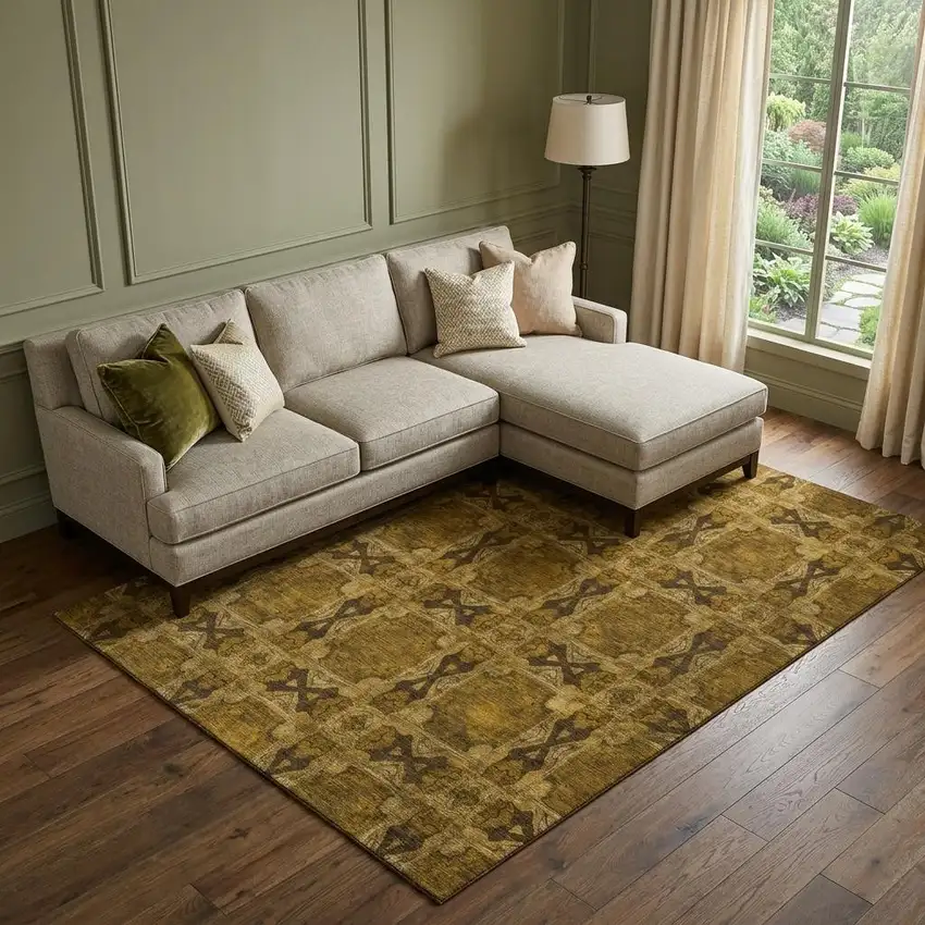 Chocolate And Gold Floral Medallion Washable Area Rug With UV Protection Photo 1