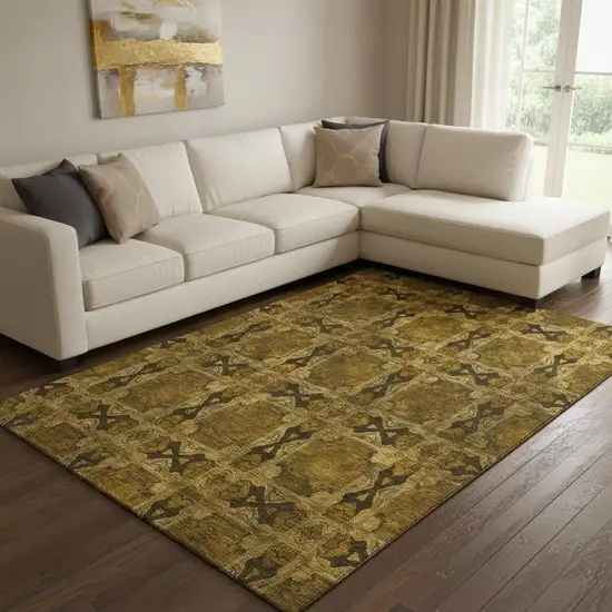 Chocolate And Gold Floral Medallion Washable Area Rug With UV Protection Photo 1