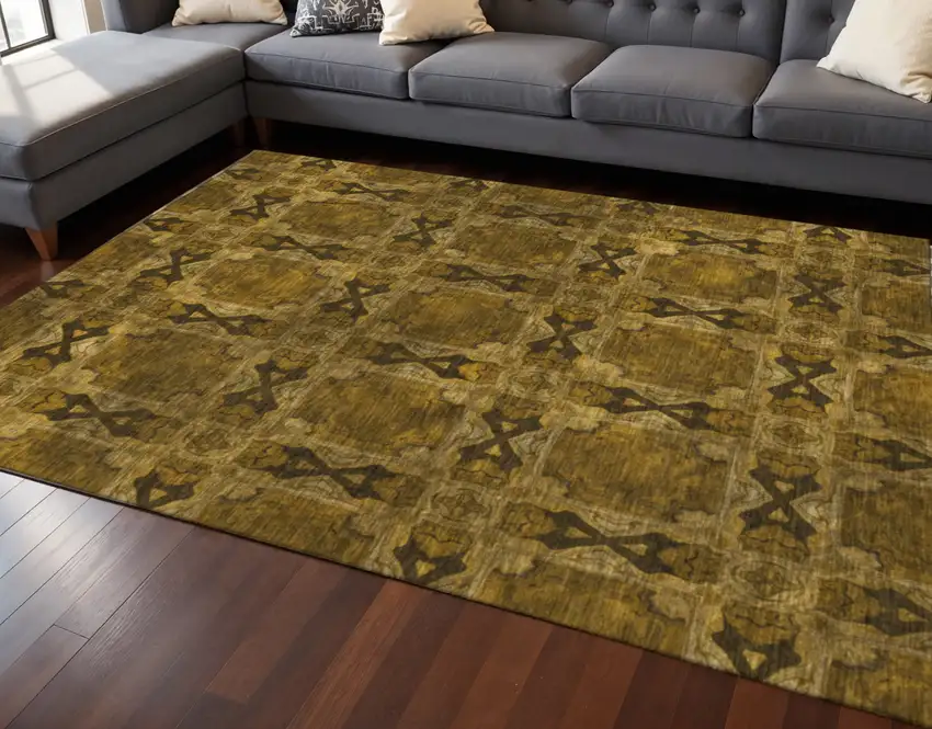 Chocolate And Gold Floral Medallion Washable Area Rug With UV Protection Photo 2