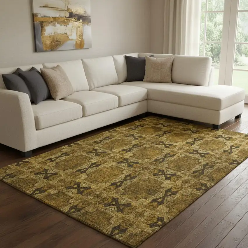 Chocolate And Gold Floral Medallion Washable Area Rug With UV Protection Photo 1