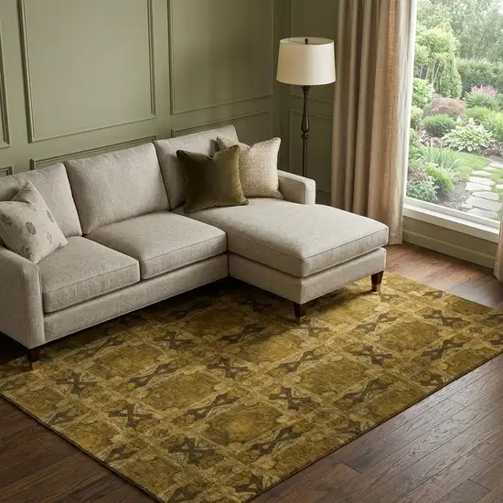 Chocolate And Gold Floral Medallion Washable Area Rug With UV Protection Photo 1