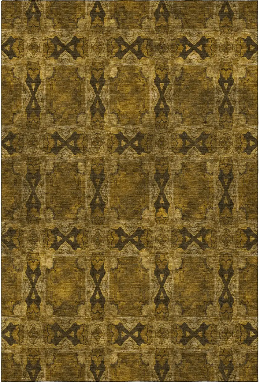 Chocolate And Gold Floral Medallion Washable Area Rug With UV Protection Photo 4