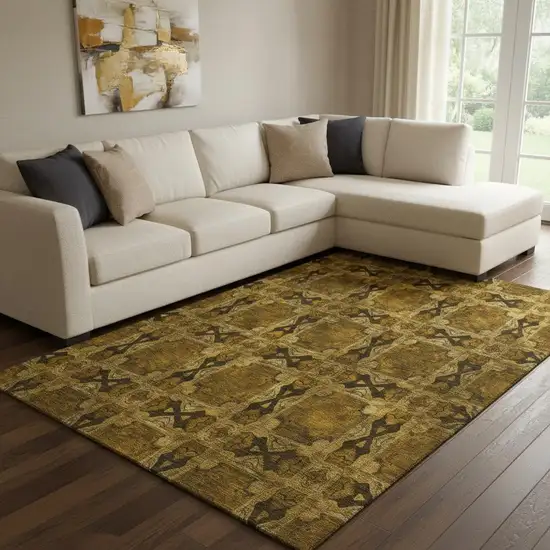 Chocolate And Gold Floral Medallion Washable Area Rug With UV Protection Photo 1