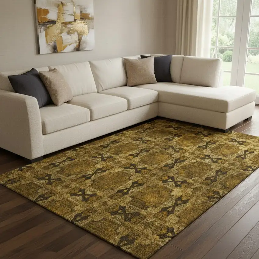 Chocolate And Gold Floral Medallion Washable Area Rug With UV Protection Photo 1