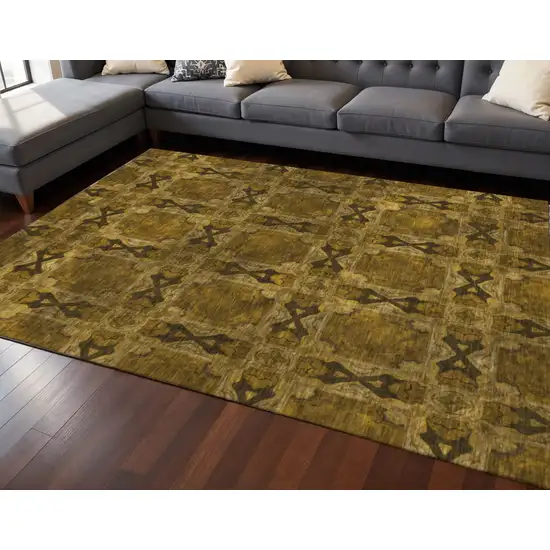 Chocolate And Gold Floral Medallion Washable Area Rug With UV Protection Photo 2