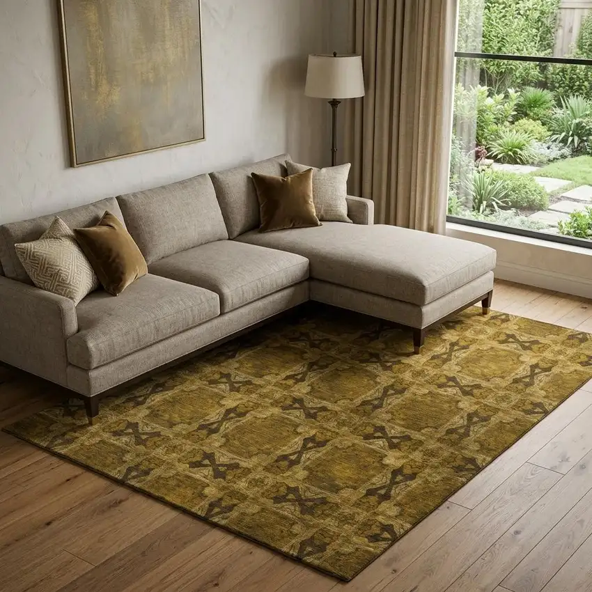 Chocolate And Gold Floral Medallion Washable Area Rug With UV Protection Photo 1