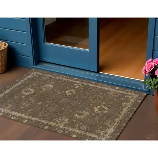 Chocolate And Gold Floral Washable Indoor Outdoor Area Rug Photo 2