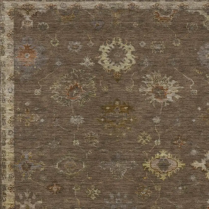 Chocolate And Gold Floral Washable Indoor Outdoor Area Rug Photo 3