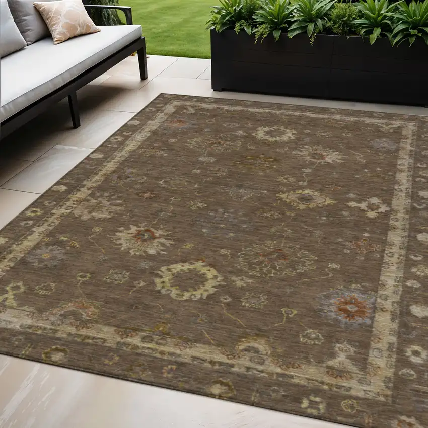 Chocolate And Gold Floral Washable Indoor Outdoor Area Rug Photo 2