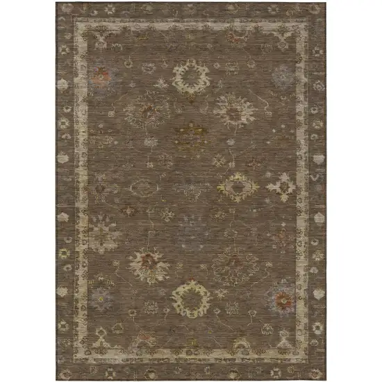 Chocolate And Gold Floral Washable Indoor Outdoor Area Rug Photo 1