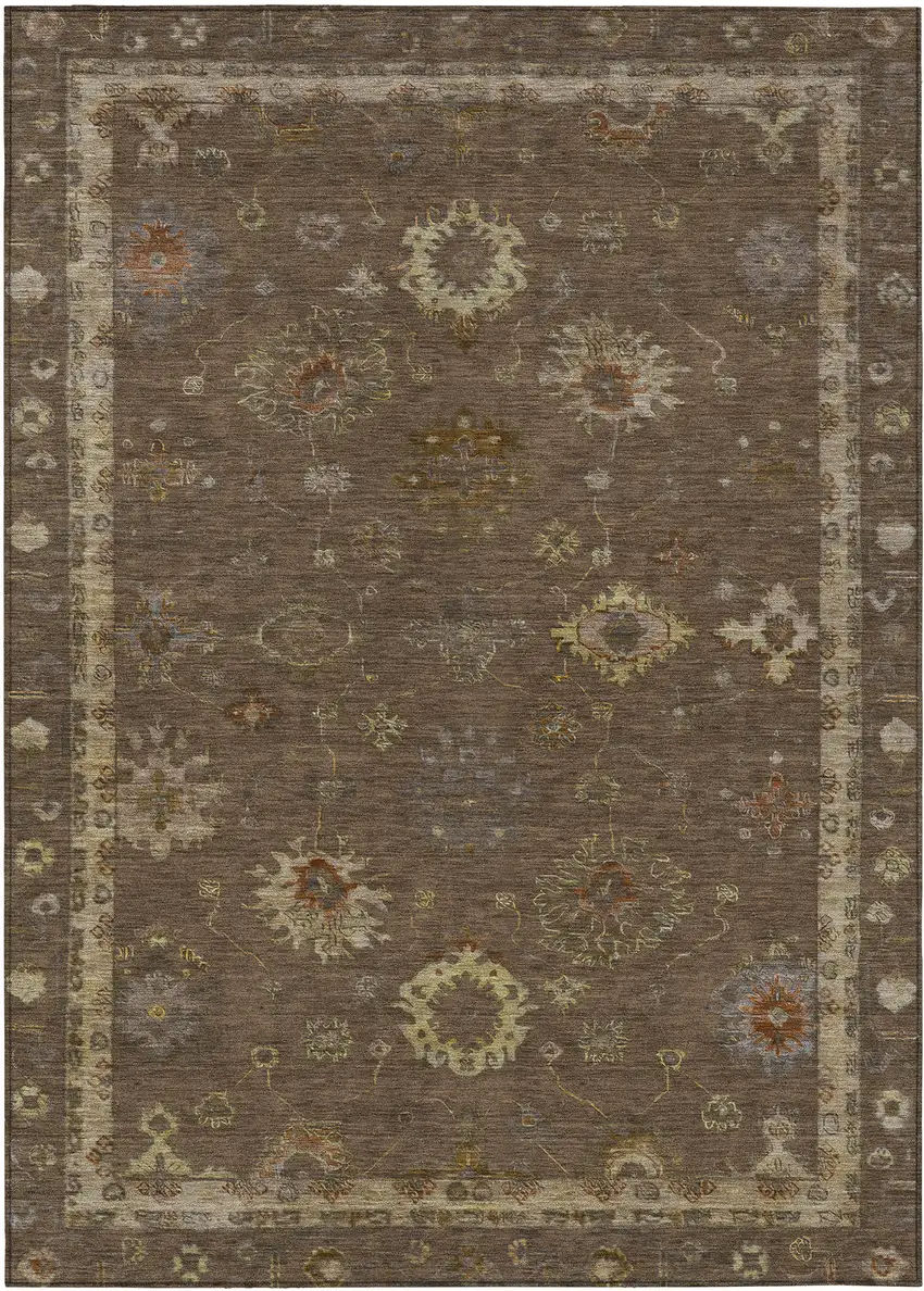 Chocolate And Gold Floral Washable Indoor Outdoor Area Rug Photo 1