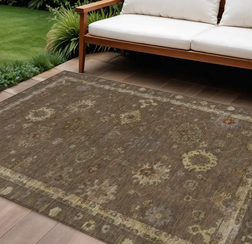 Chocolate And Gold Floral Washable Indoor Outdoor Area Rug Photo 2