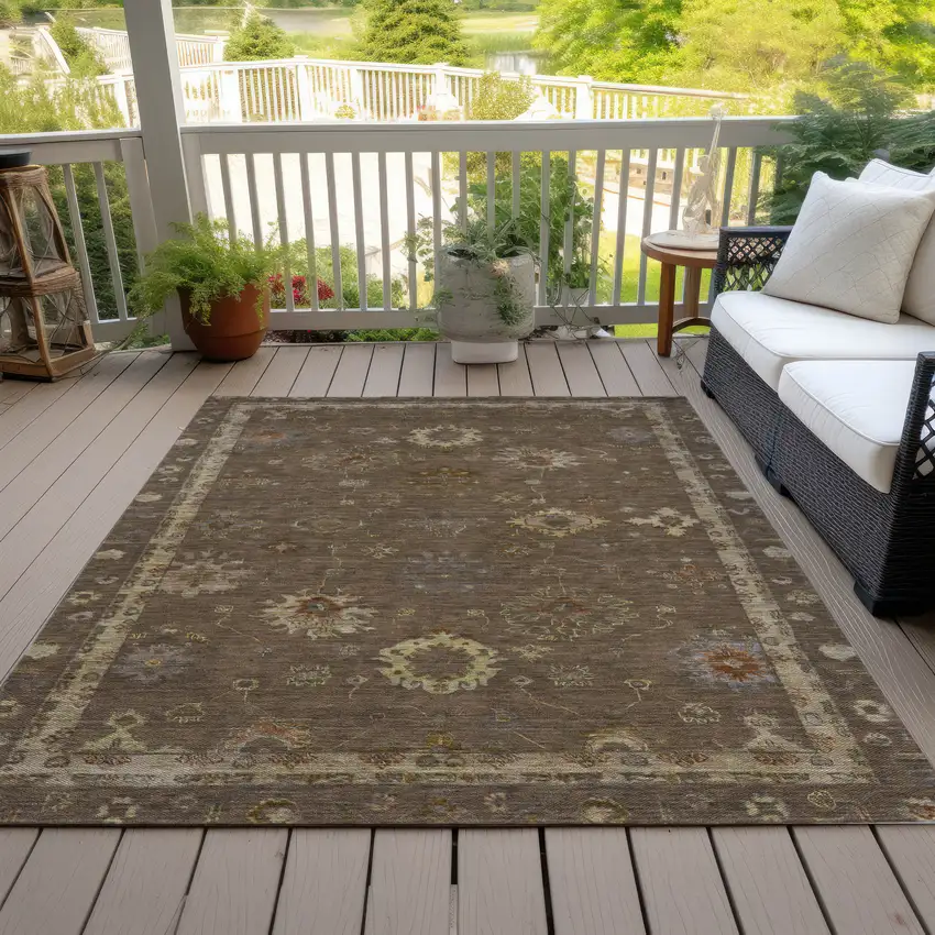 Chocolate And Gold Floral Washable Indoor Outdoor Area Rug Photo 8