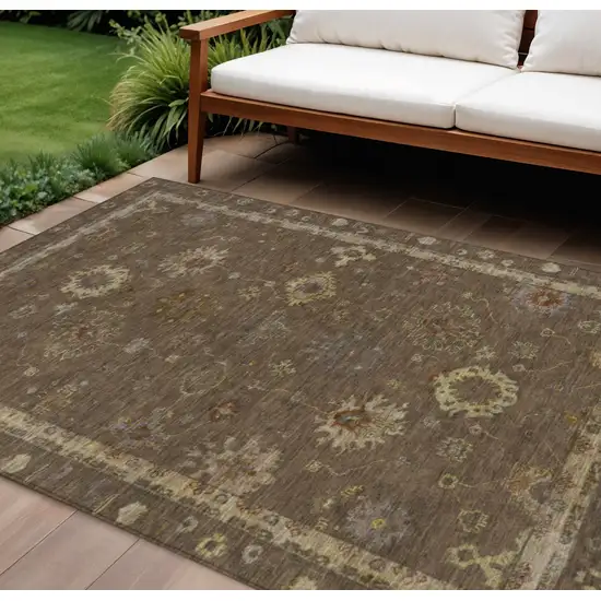 Chocolate And Gold Floral Washable Indoor Outdoor Area Rug Photo 2