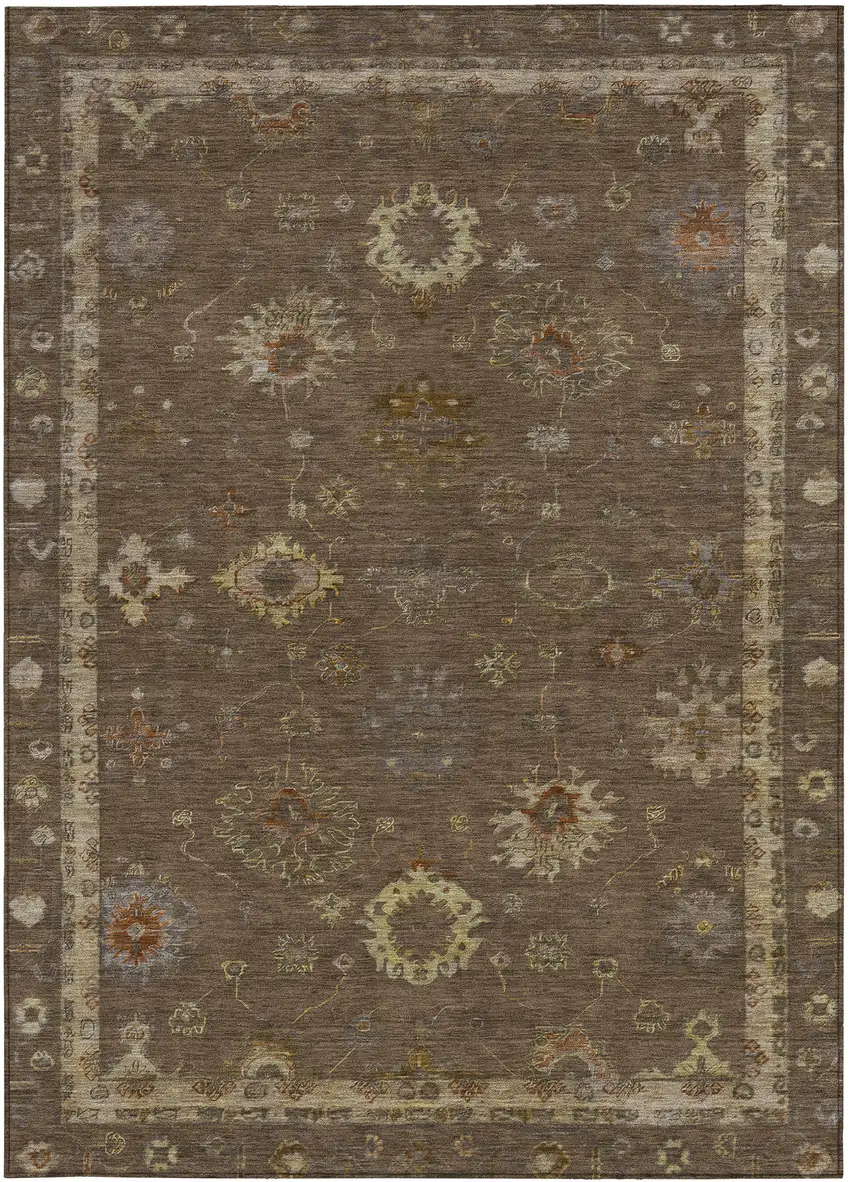 Chocolate And Gold Floral Washable Indoor Outdoor Area Rug Photo 3
