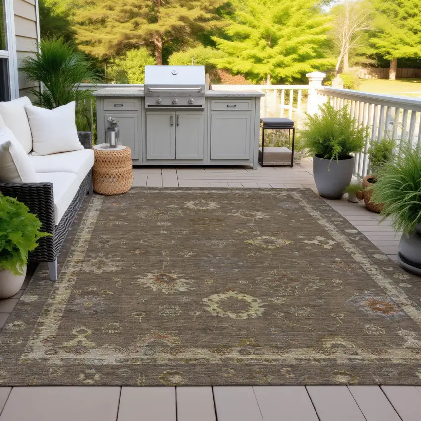 Chocolate And Gold Floral Washable Indoor Outdoor Area Rug Photo 5