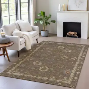 Photo of Chocolate And Gold Floral Washable Indoor Outdoor Area Rug