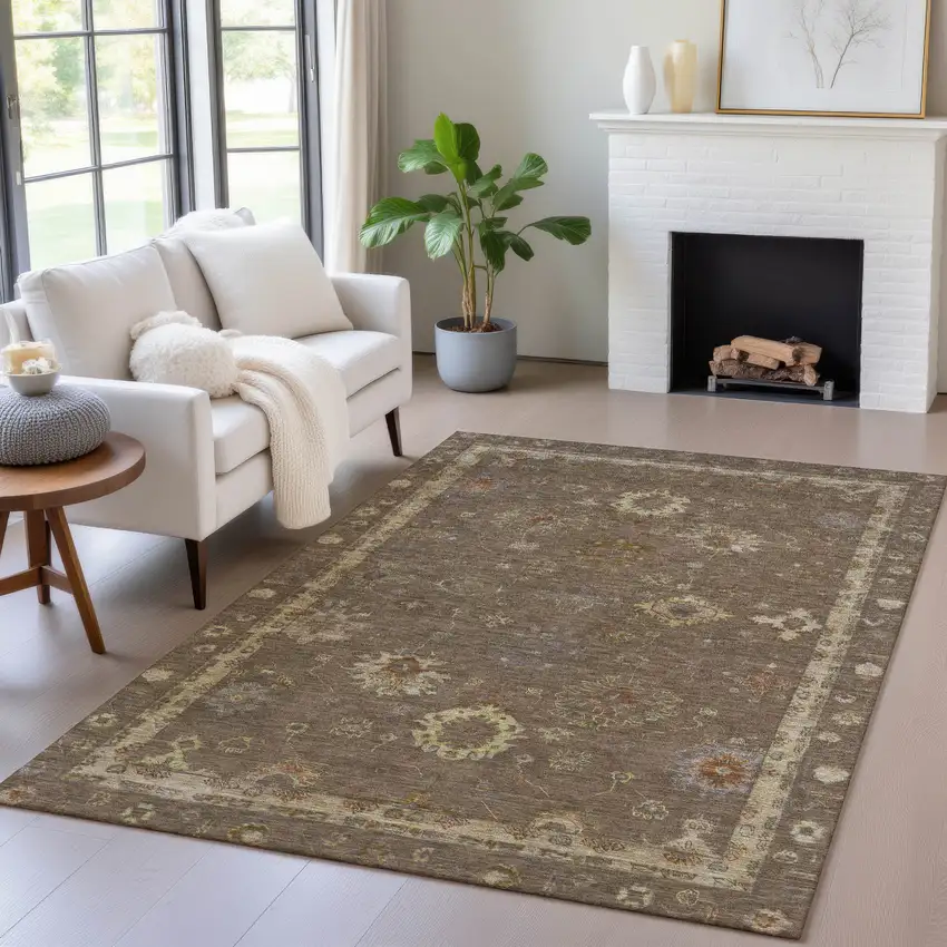 Chocolate And Gold Floral Washable Indoor Outdoor Area Rug Photo 6