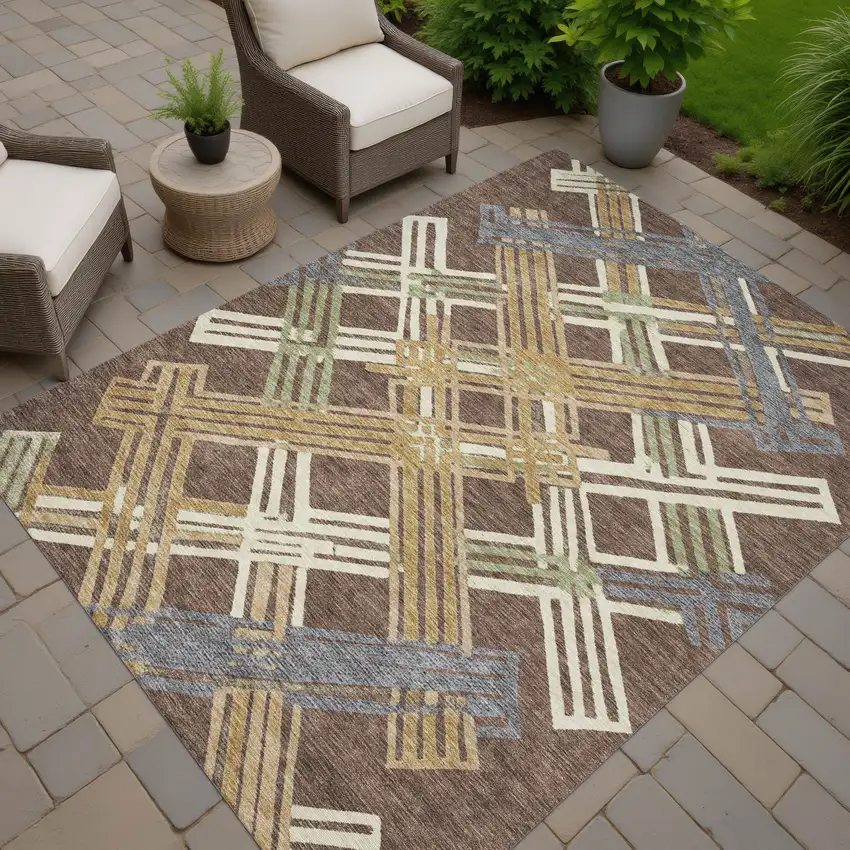 Chocolate And Gold Geometric Washable Indoor Outdoor Area Rug Photo 7