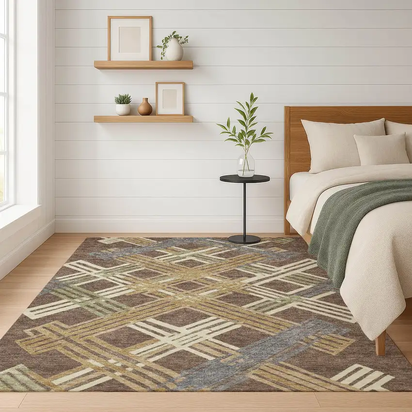 Chocolate And Gold Geometric Washable Indoor Outdoor Area Rug Photo 6