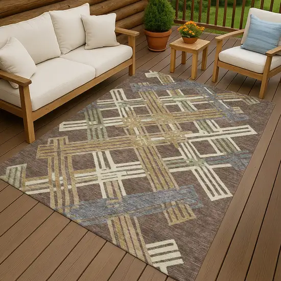 Chocolate And Gold Geometric Washable Indoor Outdoor Area Rug Photo 4