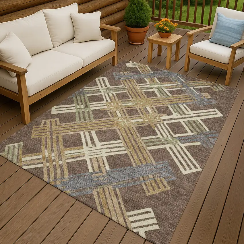 Chocolate And Gold Geometric Washable Indoor Outdoor Area Rug Photo 4