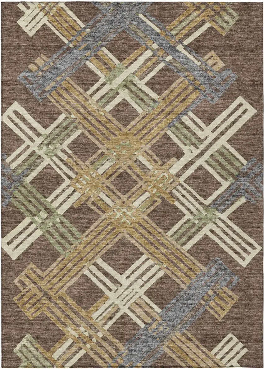 Chocolate And Gold Geometric Washable Indoor Outdoor Area Rug Photo 1