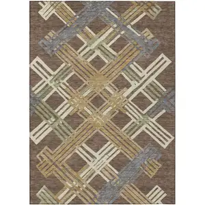 Photo of Chocolate And Gold Geometric Washable Indoor Outdoor Area Rug