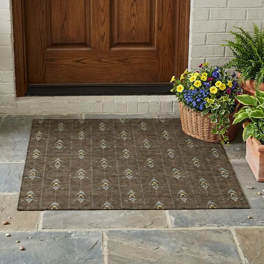 Chocolate And Gold Geometric Washable Indoor Outdoor Area Rug Photo 1