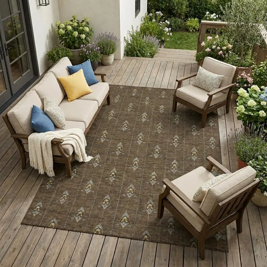 Chocolate And Gold Geometric Washable Indoor Outdoor Area Rug Photo 1