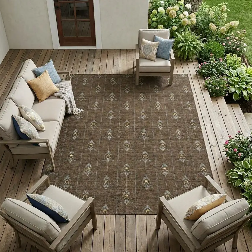 Chocolate And Gold Geometric Washable Indoor Outdoor Area Rug Photo 1