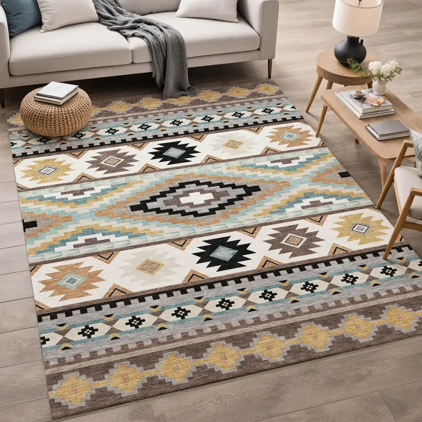 Chocolate And Gold Southwestern Washable Indoor Outdoor Area Rug Photo 5