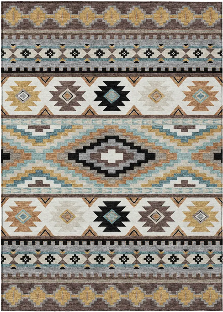 Chocolate And Gold Southwestern Washable Indoor Outdoor Area Rug Photo 1