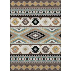 Photo of Chocolate And Gold Southwestern Washable Indoor Outdoor Area Rug