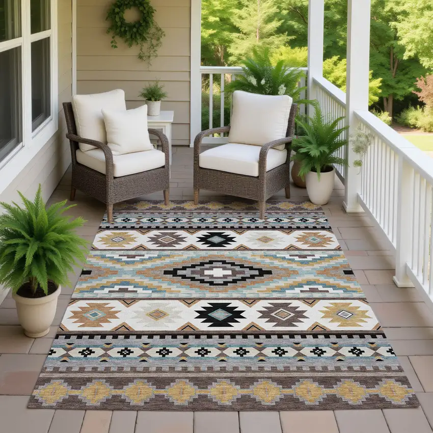 Chocolate And Gold Southwestern Washable Indoor Outdoor Area Rug Photo 7