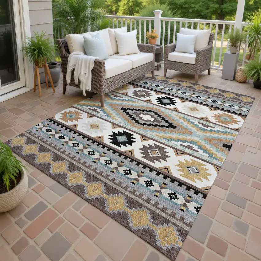 Chocolate And Gold Southwestern Washable Indoor Outdoor Area Rug Photo 4