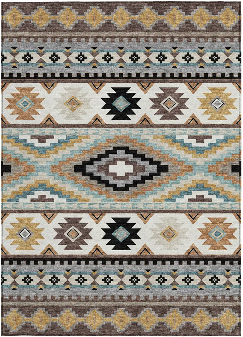 Chocolate And Gold Southwestern Washable Indoor Outdoor Area Rug Photo 3