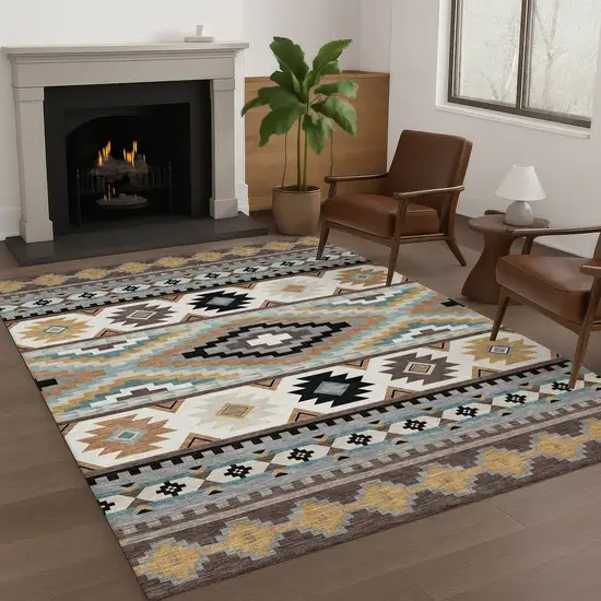 Chocolate And Gold Southwestern Washable Indoor Outdoor Area Rug Photo 6