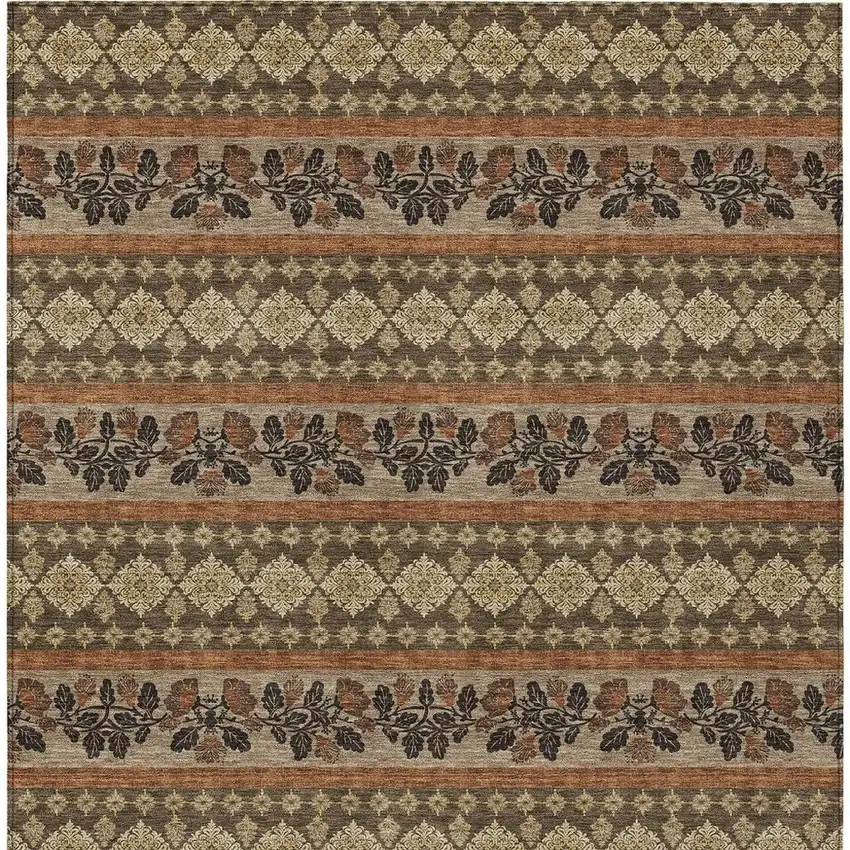 Chocolate And Gold Striped Washable Indoor Outdoor Area Rug Photo 2