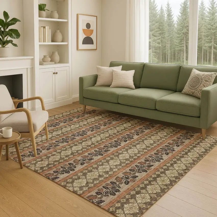 Chocolate And Gold Striped Washable Indoor Outdoor Area Rug Photo 5