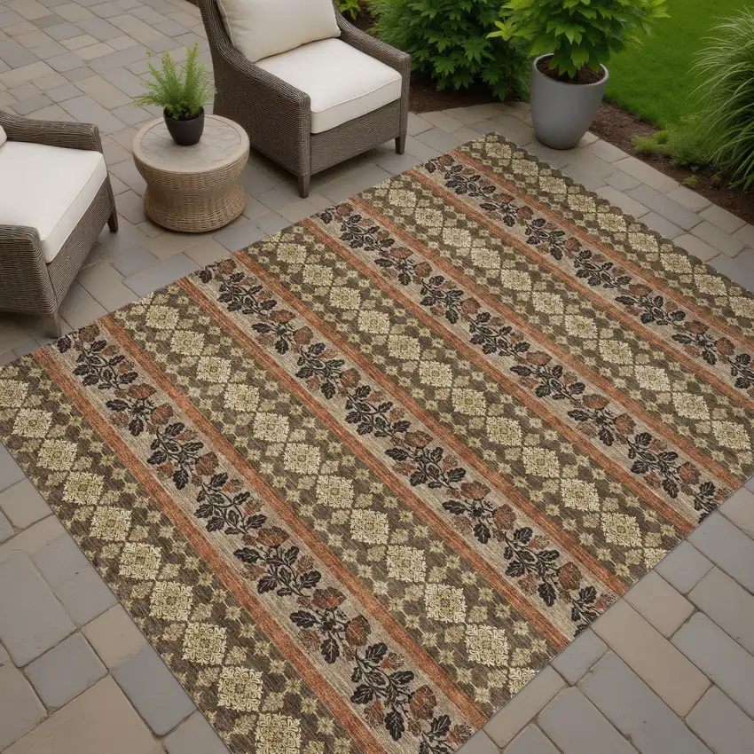 Chocolate And Gold Striped Washable Indoor Outdoor Area Rug Photo 7