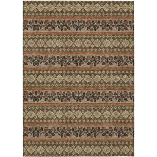 Chocolate And Gold Striped Washable Indoor Outdoor Area Rug Photo 1