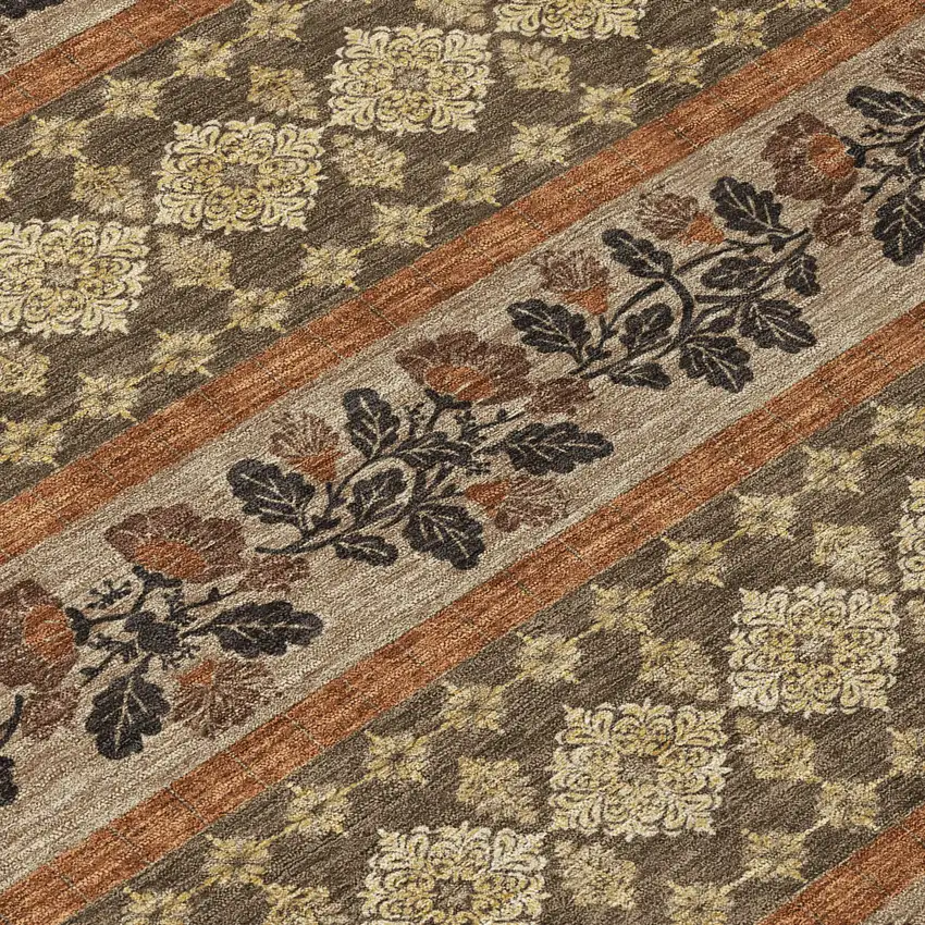 Chocolate And Gold Striped Washable Indoor Outdoor Area Rug Photo 9