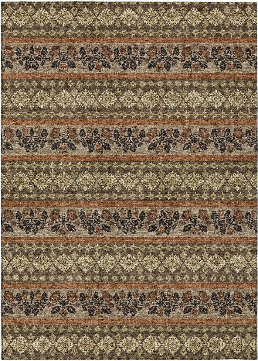 Chocolate And Gold Striped Washable Indoor Outdoor Area Rug Photo 1