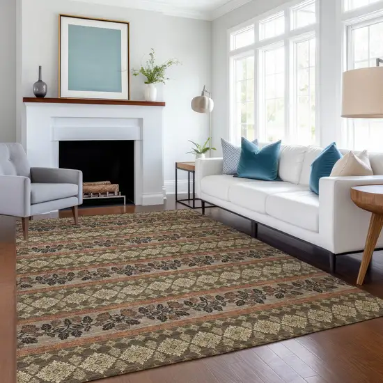 Chocolate And Gold Striped Washable Indoor Outdoor Area Rug Photo 6
