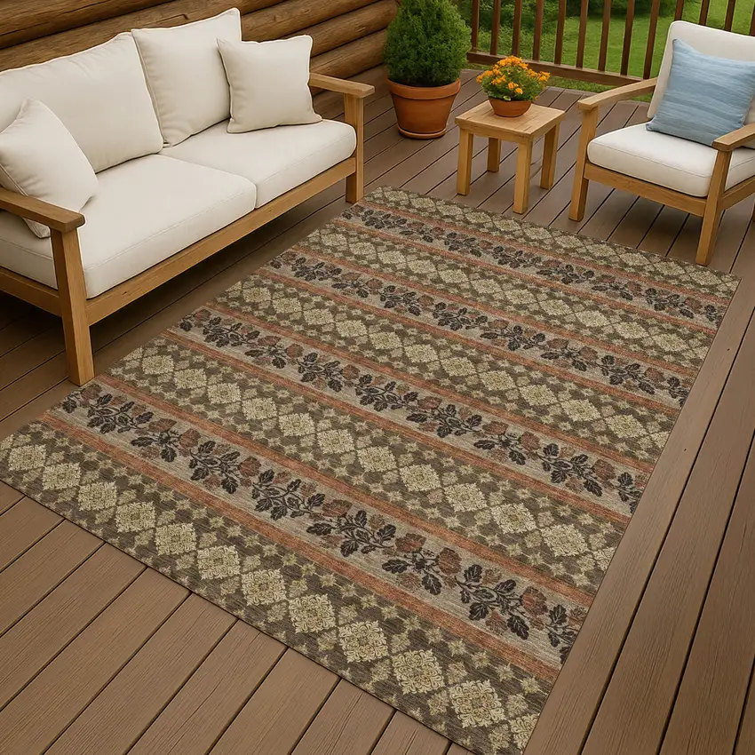 Chocolate And Gold Striped Washable Indoor Outdoor Area Rug Photo 4