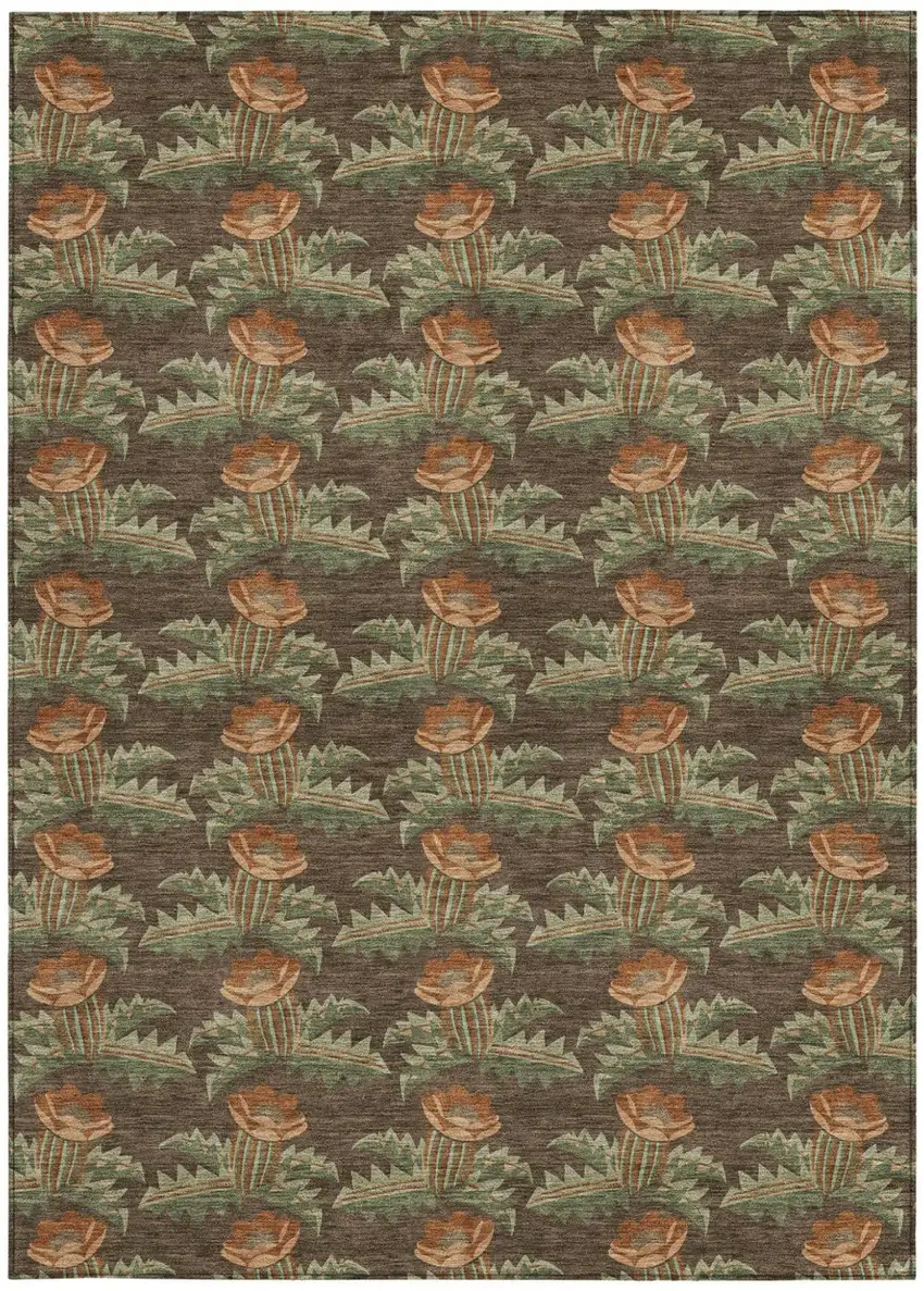 Chocolate And Graphite Floral Washable Indoor Outdoor Area Rug Photo 4