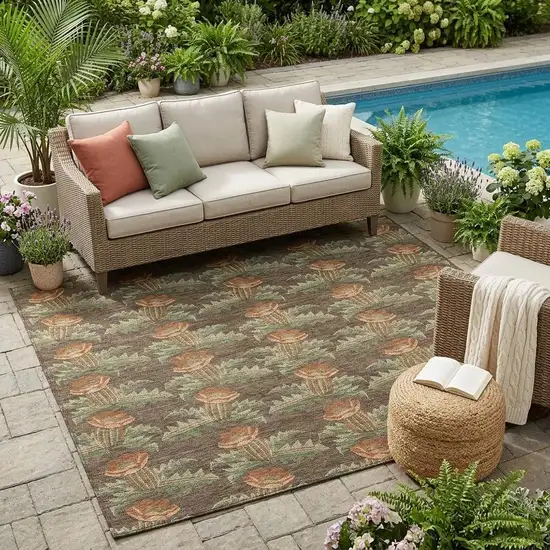 Chocolate And Graphite Floral Washable Indoor Outdoor Area Rug Photo 1