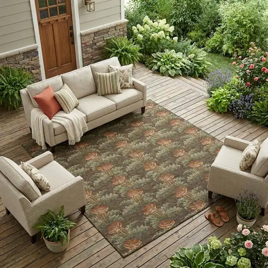 Chocolate And Graphite Floral Washable Indoor Outdoor Area Rug Photo 1
